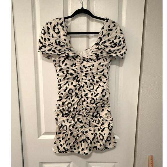 Self-Portrait 4 Off Shoulder Leopard Mini Dress Ruched Corset Black Cream XS - Picture 5 of 11